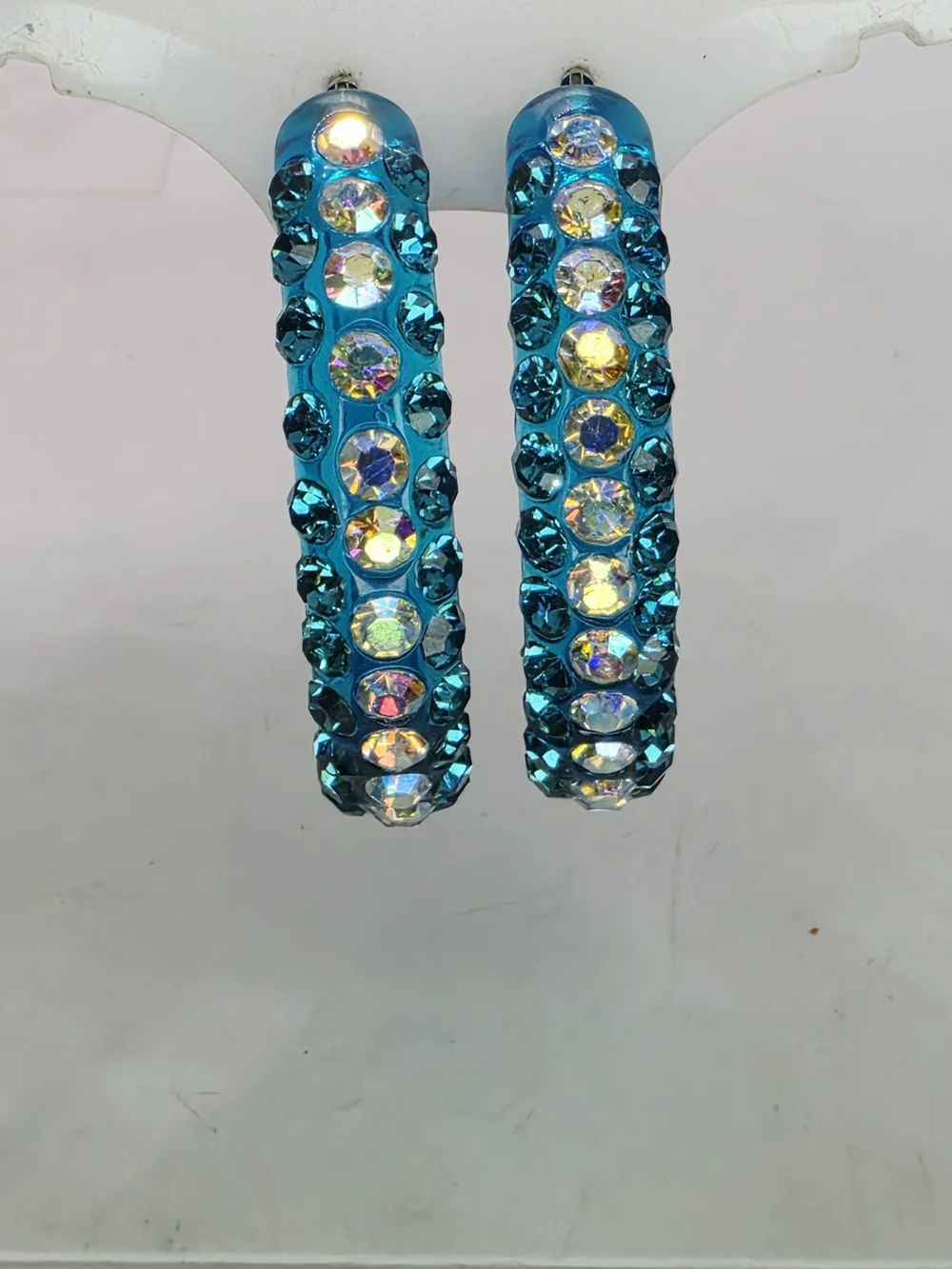 Vintage Y2k Teal Blue Lucite AB Rhinestone Crusted Cluster Hoop Pierced Earrings